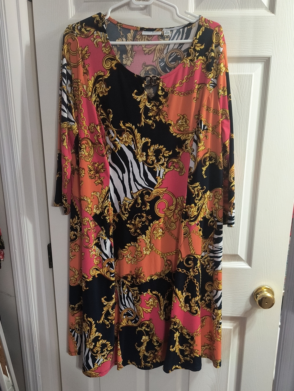 Susan Graver Long Sleeve Mixed Print Dress in Black, Pink & Orange